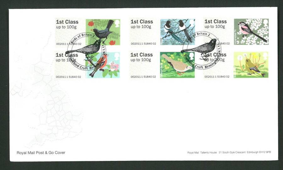 2011 Royal Mail Birds of Britain 2 Post & Go First Day Cover,Birdbrook Rd Birmingham Postmark